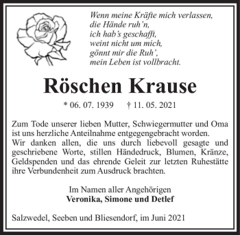 Traueranzeige von Röschen Krause  von Magdeburger Volksstimme