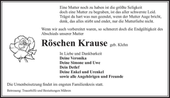 Traueranzeige von Röschen Krause (geb. Klehn)  von Magdeburger Volksstimme