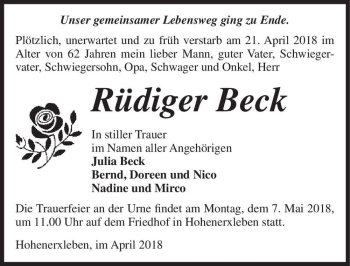 Traueranzeige von Rüdiger Beck  von Magdeburger Volksstimme