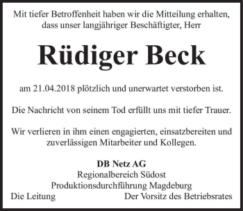 Traueranzeige von Rüdiger Beck  von Magdeburger Volksstimme