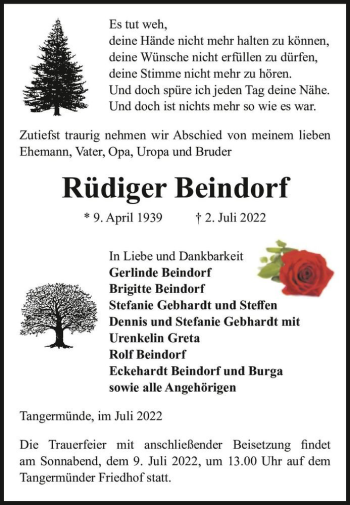 Traueranzeige von Rüdiger Beindorf  von Magdeburger Volksstimme