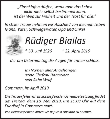 Traueranzeige von Rüdiger Biallas  von Magdeburger Volksstimme