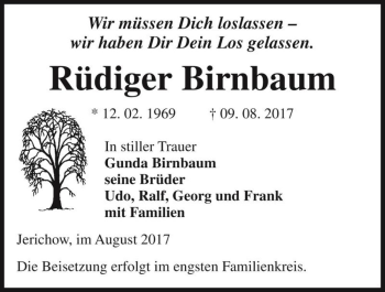 Traueranzeige von Rüdiger Birnbaum  von Magdeburger Volksstimme