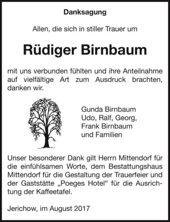 Traueranzeige von Rüdiger Birnbaum  von Magdeburger Volksstimme