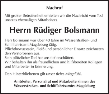 Traueranzeige von Rüdiger Bolsmann  von Magdeburger Volksstimme