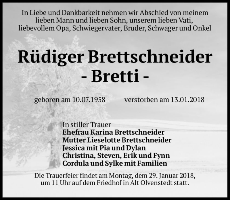  Traueranzeige für Rüdiger Brettschneider  vom 20.01.2018 aus Magdeburger Volksstimme