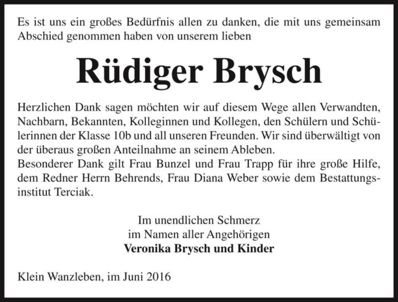  Traueranzeige für Rüdiger Brysch  vom 04.06.2016 aus Magdeburger Volksstimme