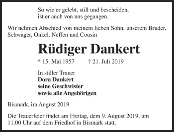 Traueranzeige von Rüdiger Dankert  von Magdeburger Volksstimme