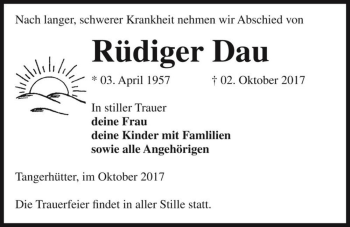 Traueranzeige von Rüdiger Dau  von Magdeburger Volksstimme