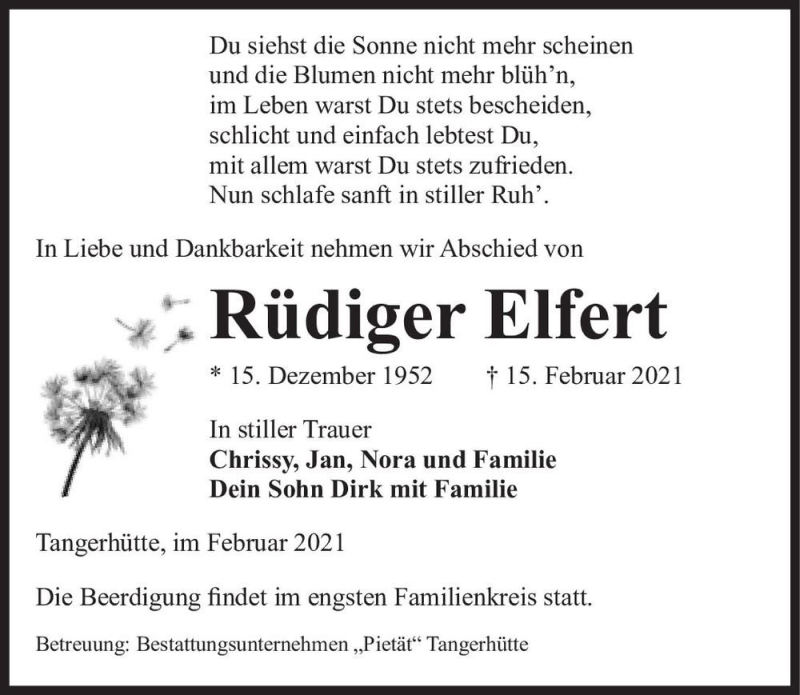  Traueranzeige für Rüdiger Elfert  vom 20.02.2021 aus Magdeburger Volksstimme