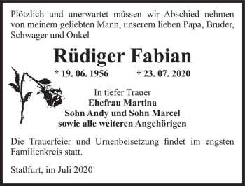 Traueranzeige von Rüdiger Fabian  von Magdeburger Volksstimme
