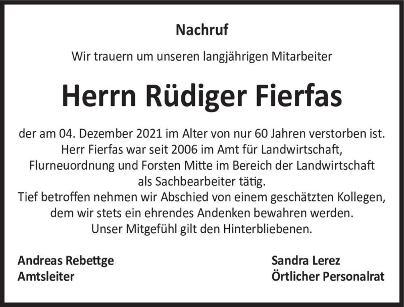  Traueranzeige für Rüdiger Fierfas  vom 20.12.2021 aus Magdeburger Volksstimme
