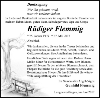 Traueranzeige von Rüdiger Flemmig  von Magdeburger Volksstimme