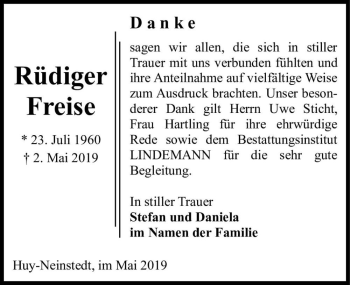 Traueranzeige von Rüdiger Freise  von Magdeburger Volksstimme
