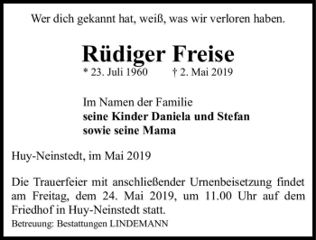 Traueranzeige von Rüdiger Freise  von Magdeburger Volksstimme