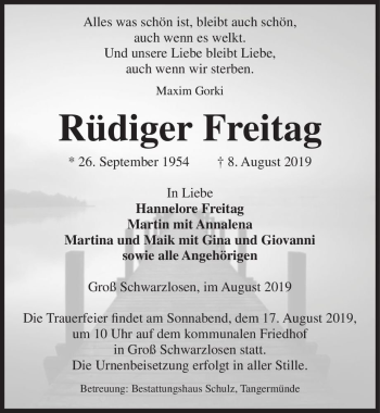 Traueranzeige von Rüdiger Freitag  von Magdeburger Volksstimme