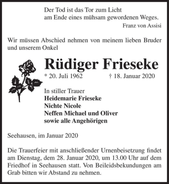 Traueranzeige von Rüdiger Frieseke  von Magdeburger Volksstimme