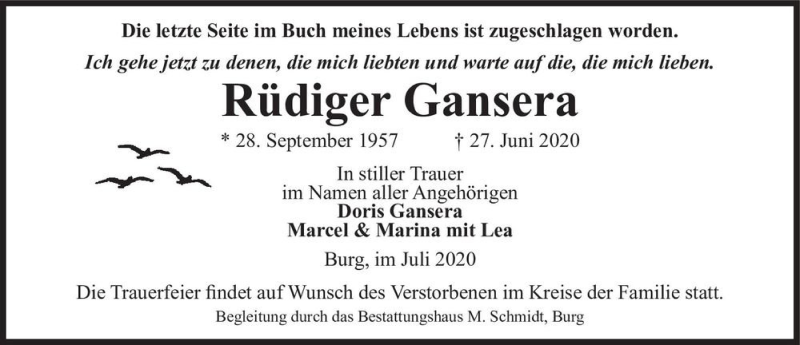  Traueranzeige für Rüdiger Gansera  vom 04.07.2020 aus Magdeburger Volksstimme