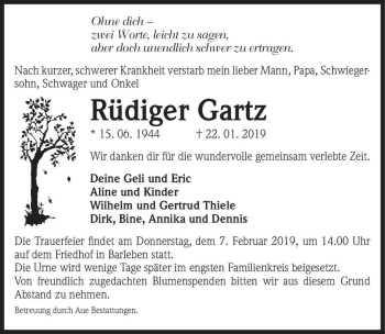 Traueranzeige von Rüdiger Gartz  von Magdeburger Volksstimme