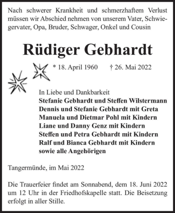 Traueranzeige von Rüdiger Gebhardt  von Magdeburger Volksstimme