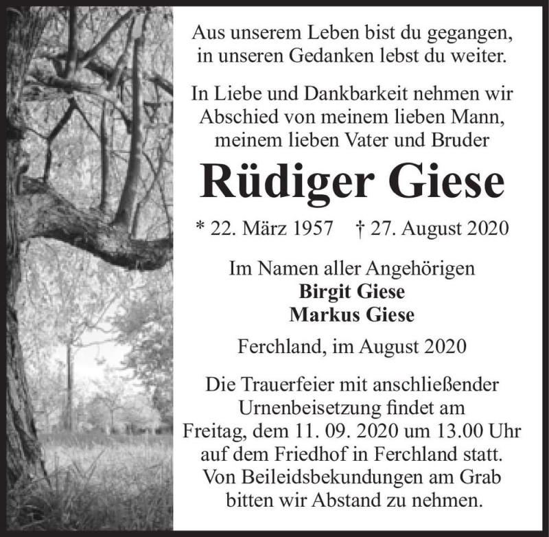  Traueranzeige für Rüdiger Giese  vom 05.09.2020 aus Magdeburger Volksstimme