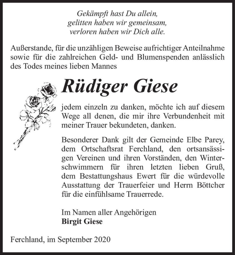  Traueranzeige für Rüdiger Giese  vom 19.09.2020 aus Magdeburger Volksstimme