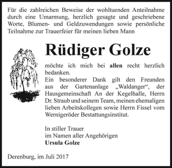 Traueranzeige von Rüdiger Golze  von Magdeburger Volksstimme