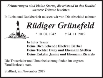 Traueranzeige von Rüdiger Grünefeld  von Magdeburger Volksstimme