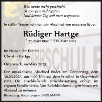 Traueranzeige von Rüdiger Hartge  von Magdeburger Volksstimme