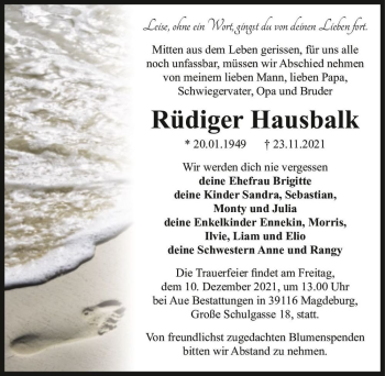 Traueranzeige von Rüdiger Hausbalk  von Magdeburger Volksstimme