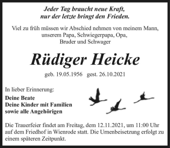 Traueranzeige von Rüdiger Heicke  von Magdeburger Volksstimme