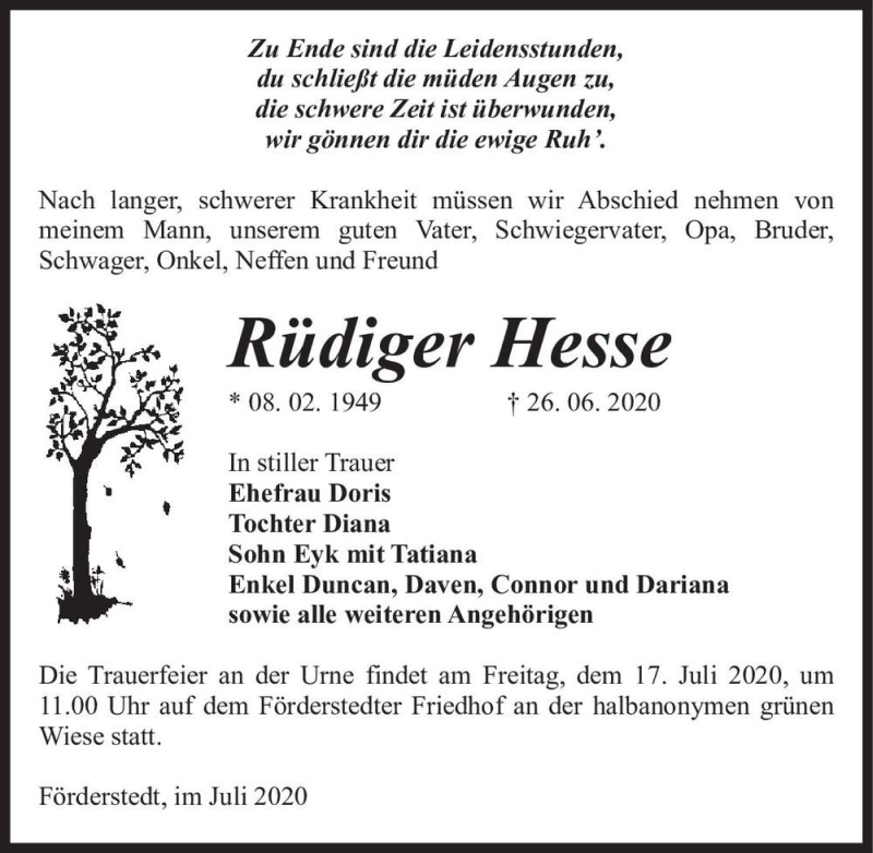  Traueranzeige für Rüdiger Hesse  vom 04.07.2020 aus Magdeburger Volksstimme