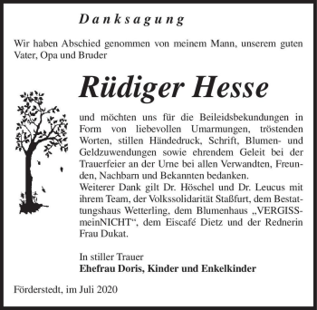 Traueranzeige von Rüdiger Hesse  von Magdeburger Volksstimme