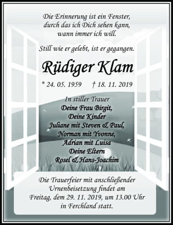 Traueranzeige von Rüdiger Klam  von Magdeburger Volksstimme
