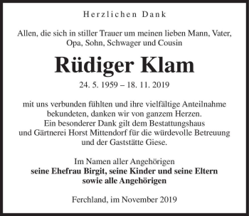Traueranzeige von Rüdiger Klam  von Magdeburger Volksstimme