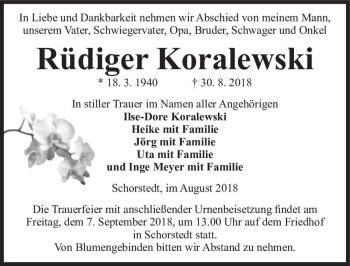 Traueranzeige von Rüdiger Koralewski  von Magdeburger Volksstimme
