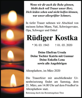 Traueranzeige von Rüdiger Kostka  von Magdeburger Volksstimme