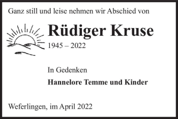 Traueranzeige von Rüdiger Kruse  von Magdeburger Volksstimme