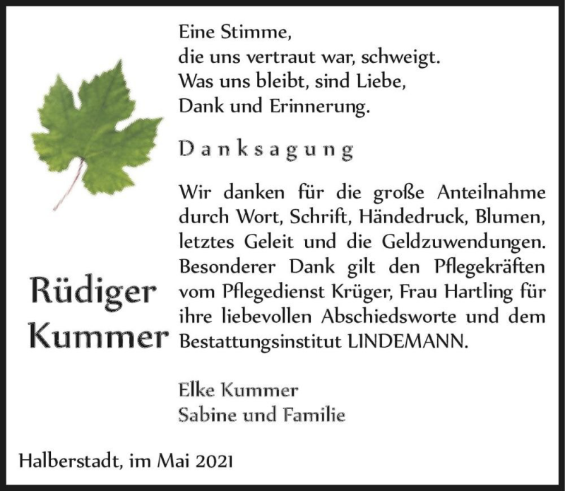  Traueranzeige für Rüdiger Kummer  vom 05.06.2021 aus Magdeburger Volksstimme