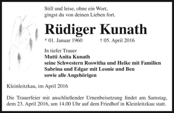 Traueranzeige von Rüdiger Kunath  von Magdeburger Volksstimme