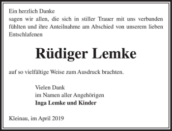 Traueranzeige von Rüdiger Lemke  von Magdeburger Volksstimme
