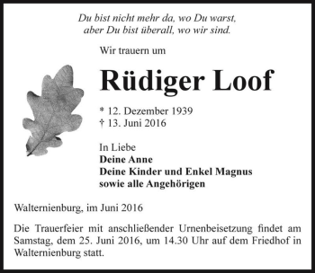 Traueranzeige von Rüdiger Loof  von Magdeburger Volksstimme