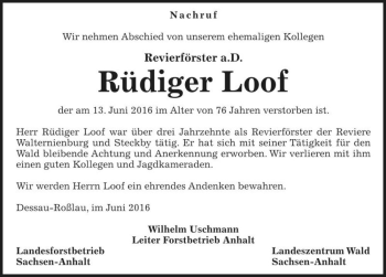 Traueranzeige von Rüdiger Loof  von Magdeburger Volksstimme