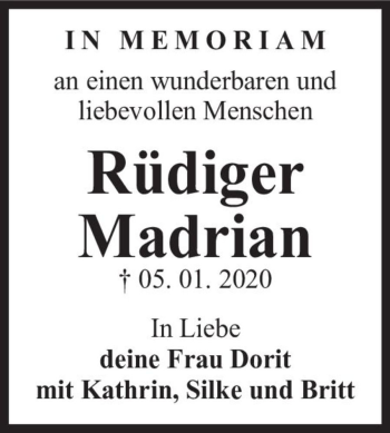 Traueranzeige von Rüdiger Madrian  von Magdeburger Volksstimme