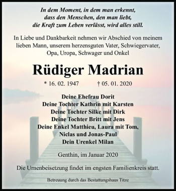 Traueranzeige von Rüdiger Madrian  von Magdeburger Volksstimme