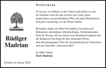 Traueranzeige von Rüdiger Madrian  von Magdeburger Volksstimme
