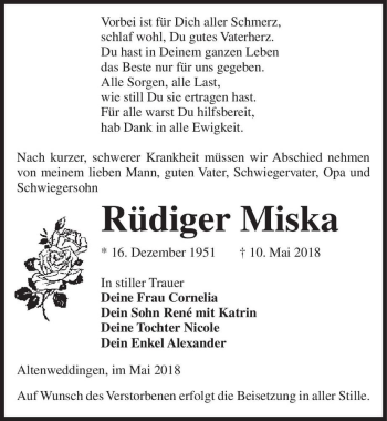 Traueranzeige von Rüdiger Miska  von Magdeburger Volksstimme