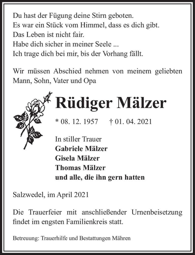  Traueranzeige für Rüdiger Mälzer  vom 07.04.2021 aus Magdeburger Volksstimme