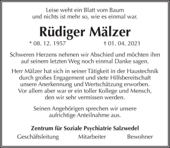 Traueranzeige von Rüdiger Mälzer  von Magdeburger Volksstimme