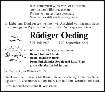 Traueranzeige von Rüdiger Oeding  von Magdeburger Volksstimme